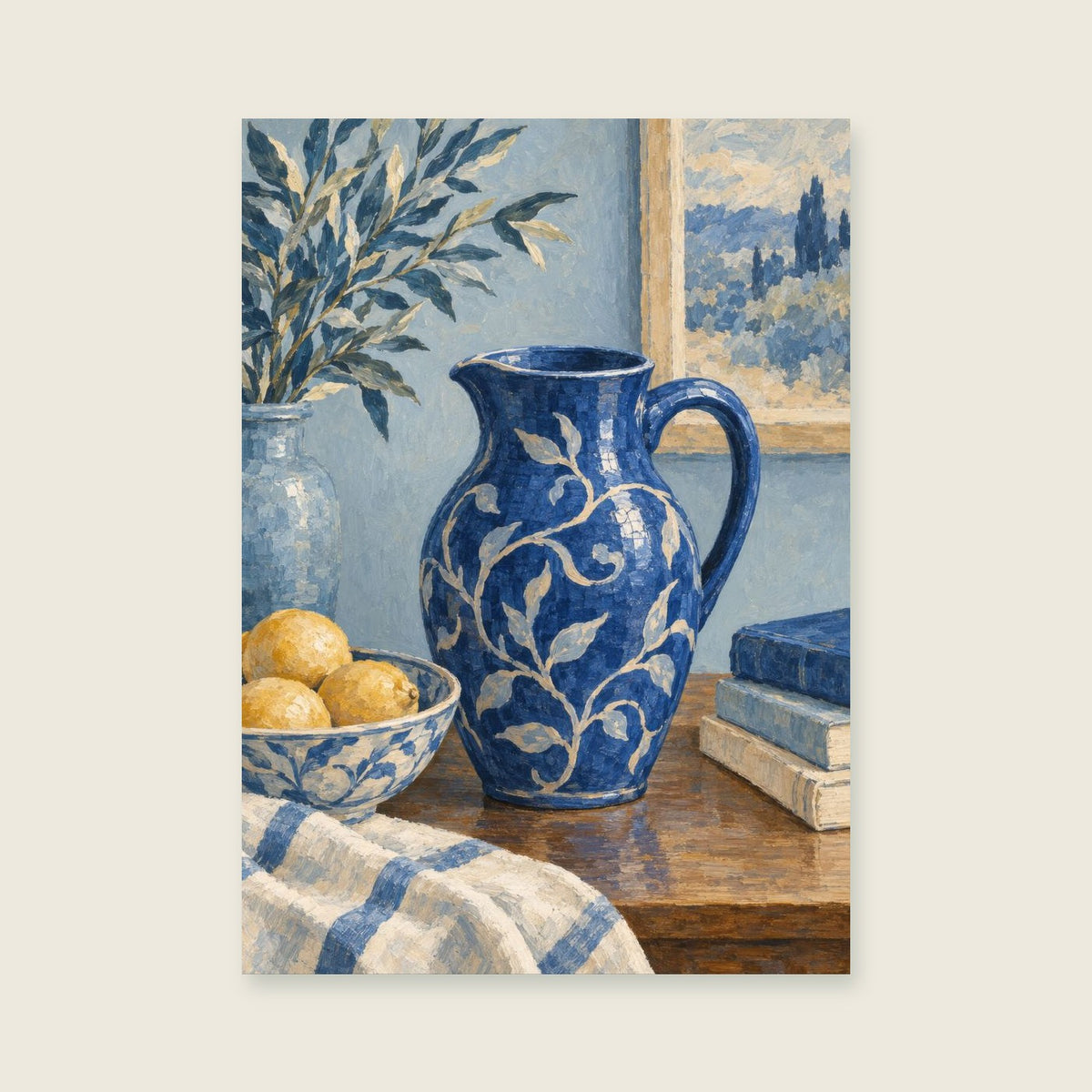 Cobalt ceramic jug — Detailed painterly still life living room art print