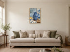 Cobalt ceramic jug — A2 artwork shown in a room with a natural wood frame; select a framed finish to include a frame