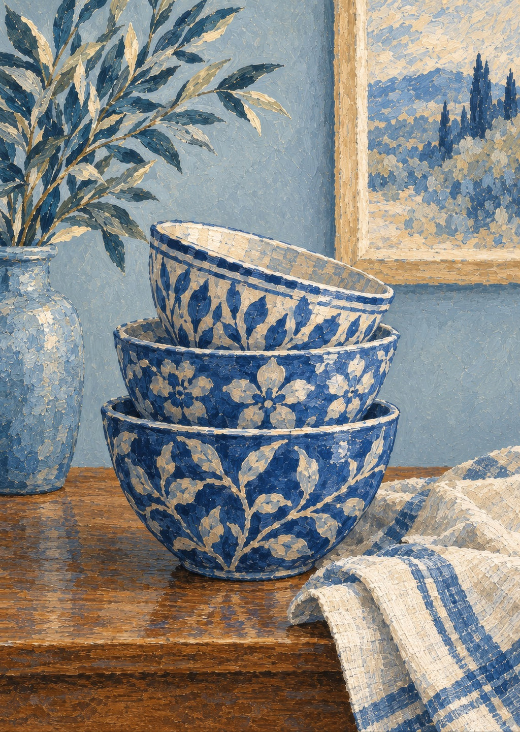 Stacked blue and white bowls — artwork detail