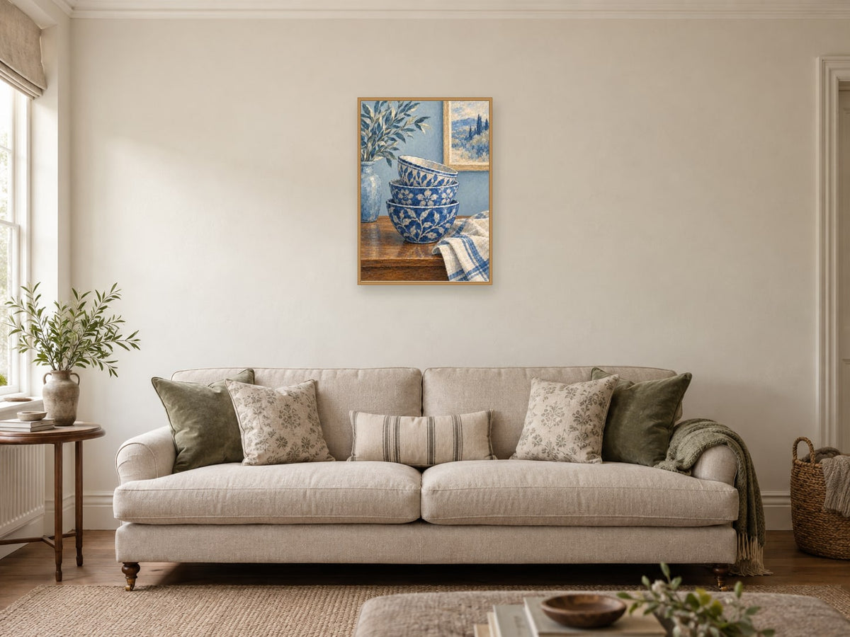 Stacked blue and white bowls — A2 artwork shown in a room with a natural wood frame; select a framed finish to include a frame