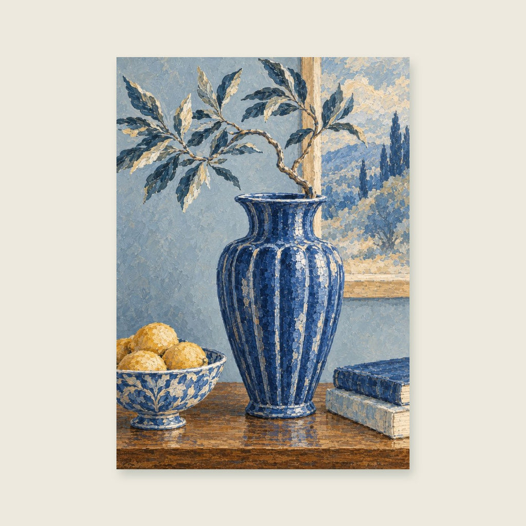 Large fluted vase and one twisting stem — Detailed painterly still life living room art print