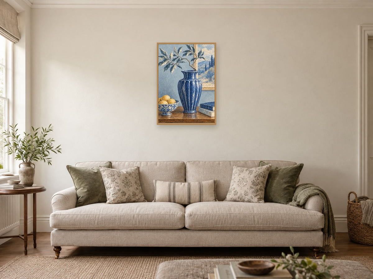 Large fluted vase and one twisting stem — A2 artwork shown in a room with a natural wood frame; select a framed finish to include a frame