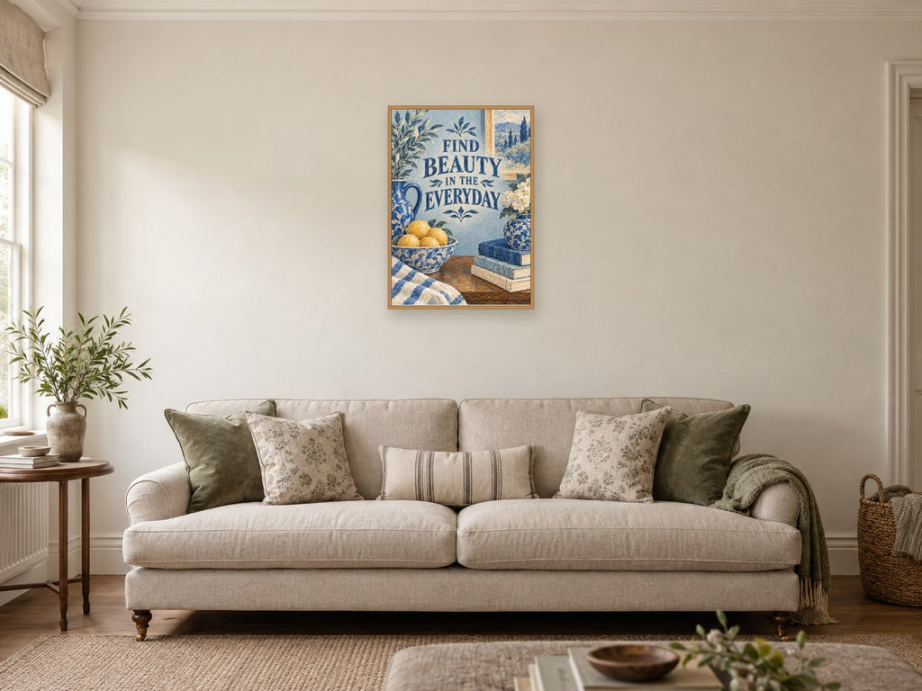 Find Beauty In The Everyday — A2 artwork shown in a room with a natural wood frame; select a framed finish to include a frame
