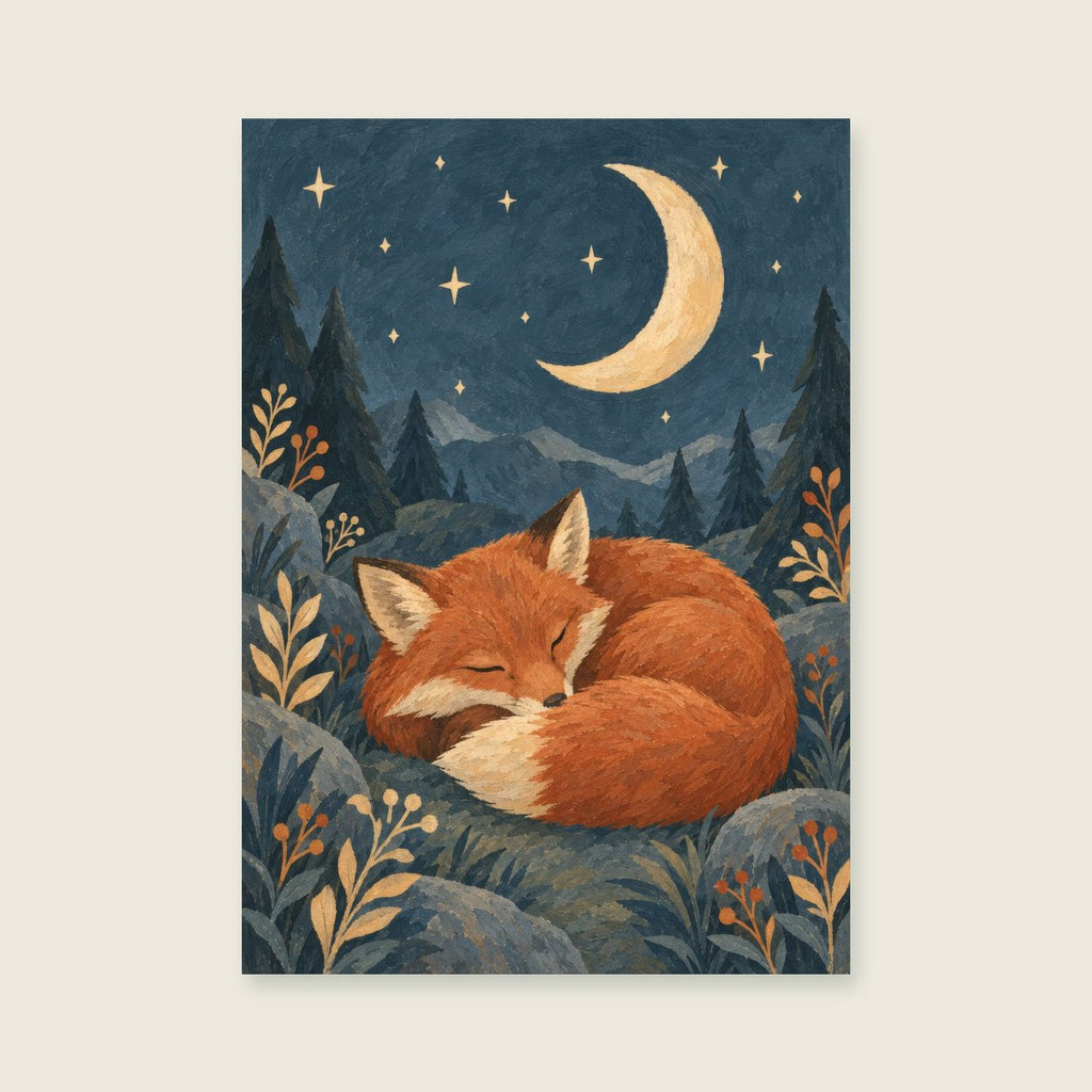 rust fox asleep — Rich original storybook gouache bedroom art print
