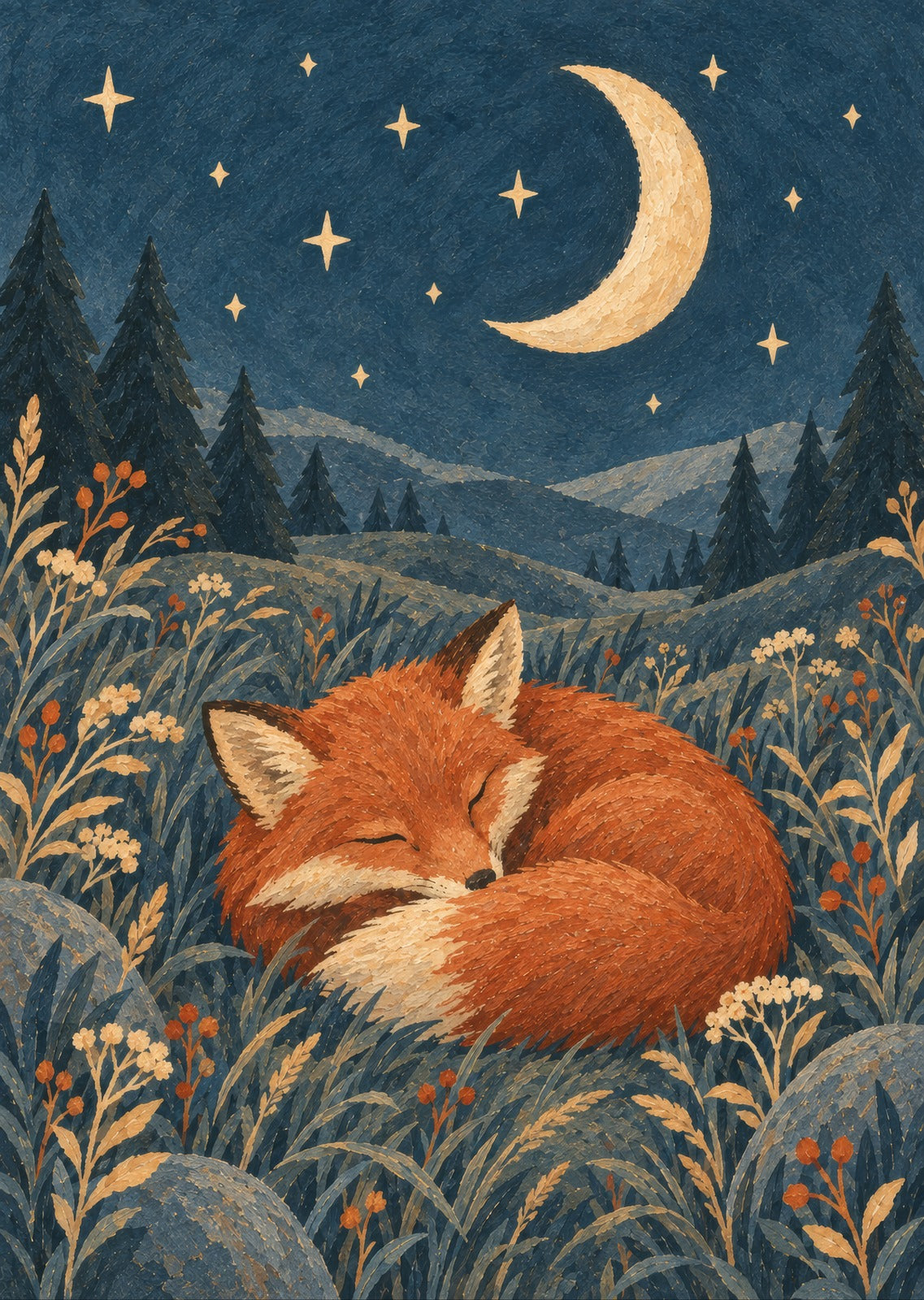 fox curled among soft meadow grasses — artwork detail