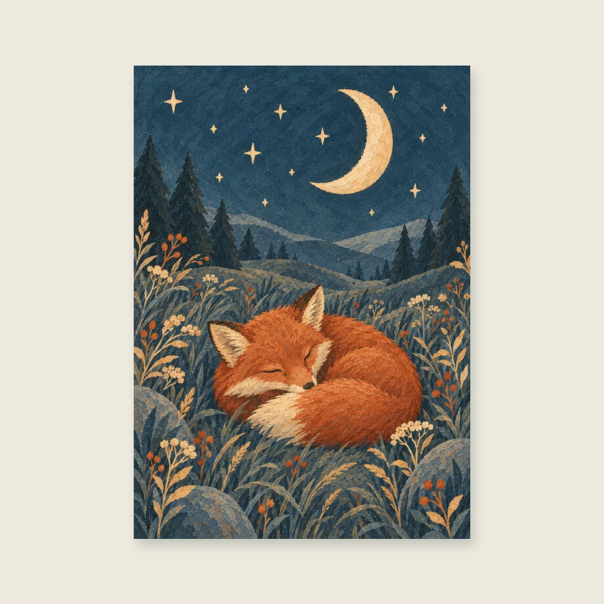 fox curled among soft meadow grasses — Rich original storybook gouache bedroom art print