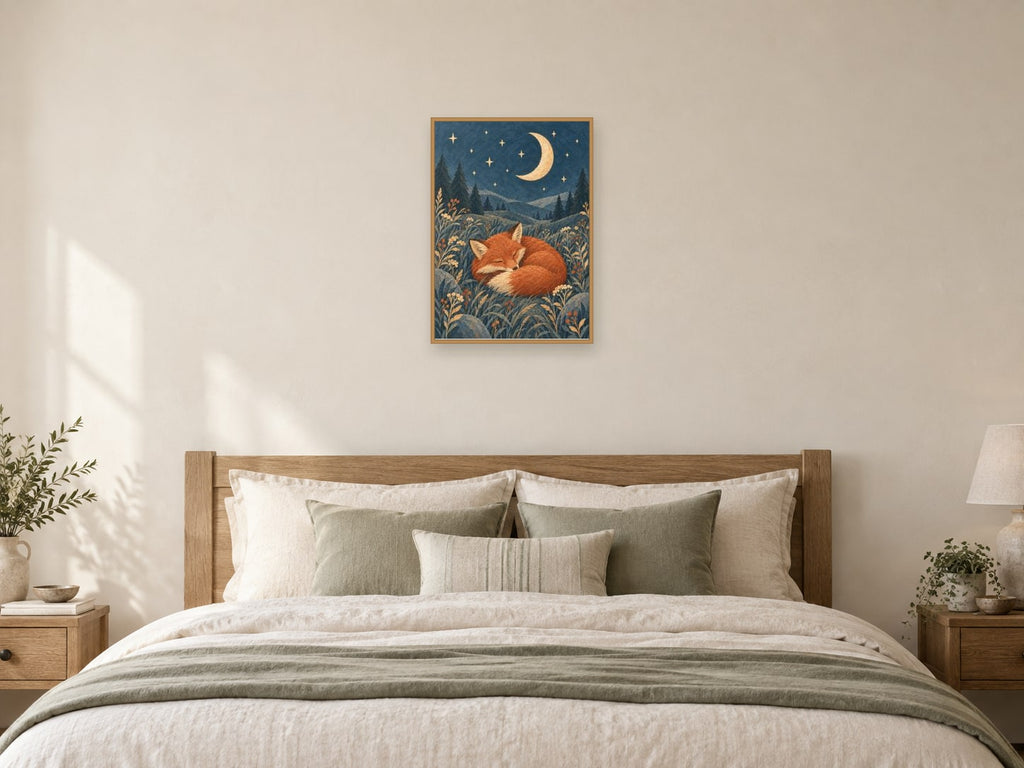 fox curled among soft meadow grasses — A2 artwork shown in a room with a natural wood frame; select a framed finish to include a frame