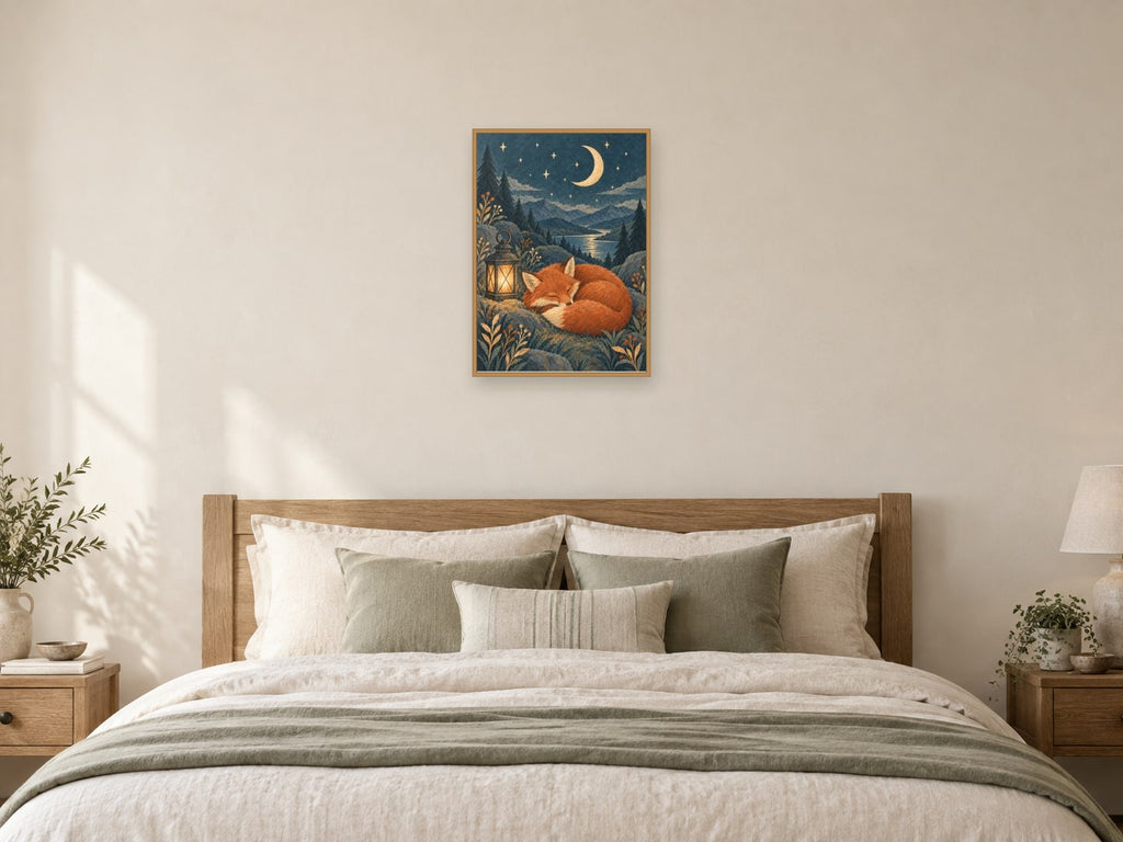 fox resting — A2 artwork shown in a room with a natural wood frame; select a framed finish to include a frame
