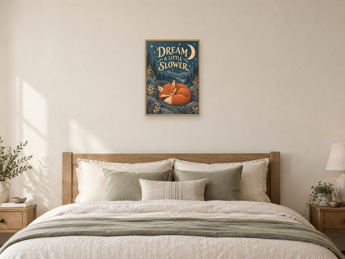 Dream A Little Slower — A2 artwork shown in a room with a natural wood frame; select a framed finish to include a frame
