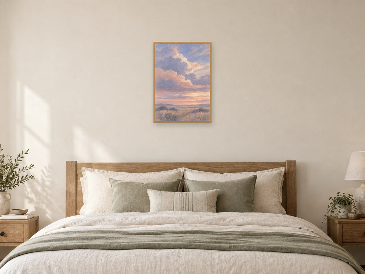 Broad dusk clouds over an imaginary quiet field — A2 artwork shown in a room with a natural wood frame; select a framed finish to include a frame