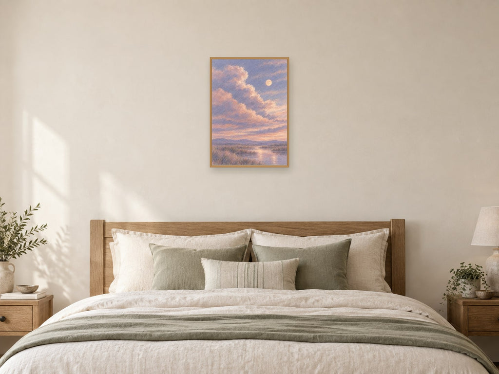 Lavender cloud shapes — A2 artwork shown in a room with a natural wood frame; select a framed finish to include a frame