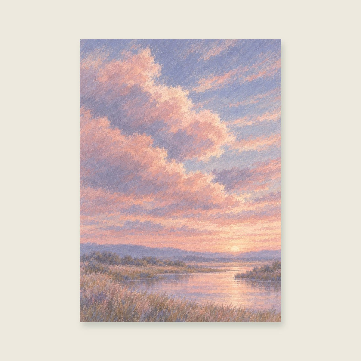 Pink morning sky over a fictional soft horizon — Soft layered pastel painting bedroom art print