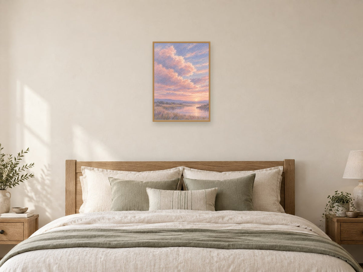 Pink morning sky over a fictional soft horizon — A2 artwork shown in a room with a natural wood frame; select a framed finish to include a frame