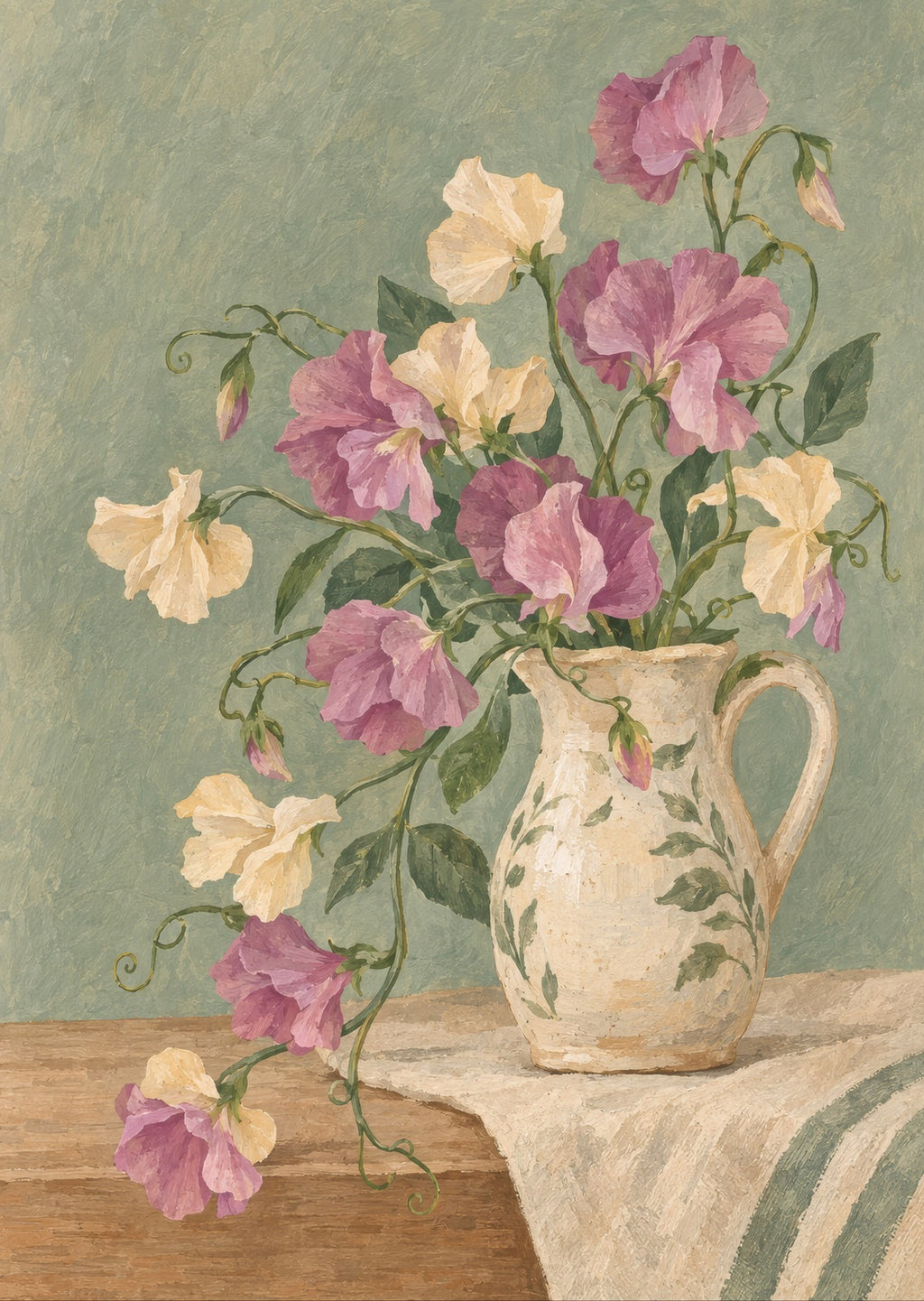 Sweet peas trailing from a small ceramic jug — artwork detail