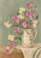 Sweet peas trailing from a small ceramic jug — artwork detail