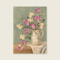 Sweet peas trailing from a small ceramic jug — Intimate botanical gouache bedroom art print