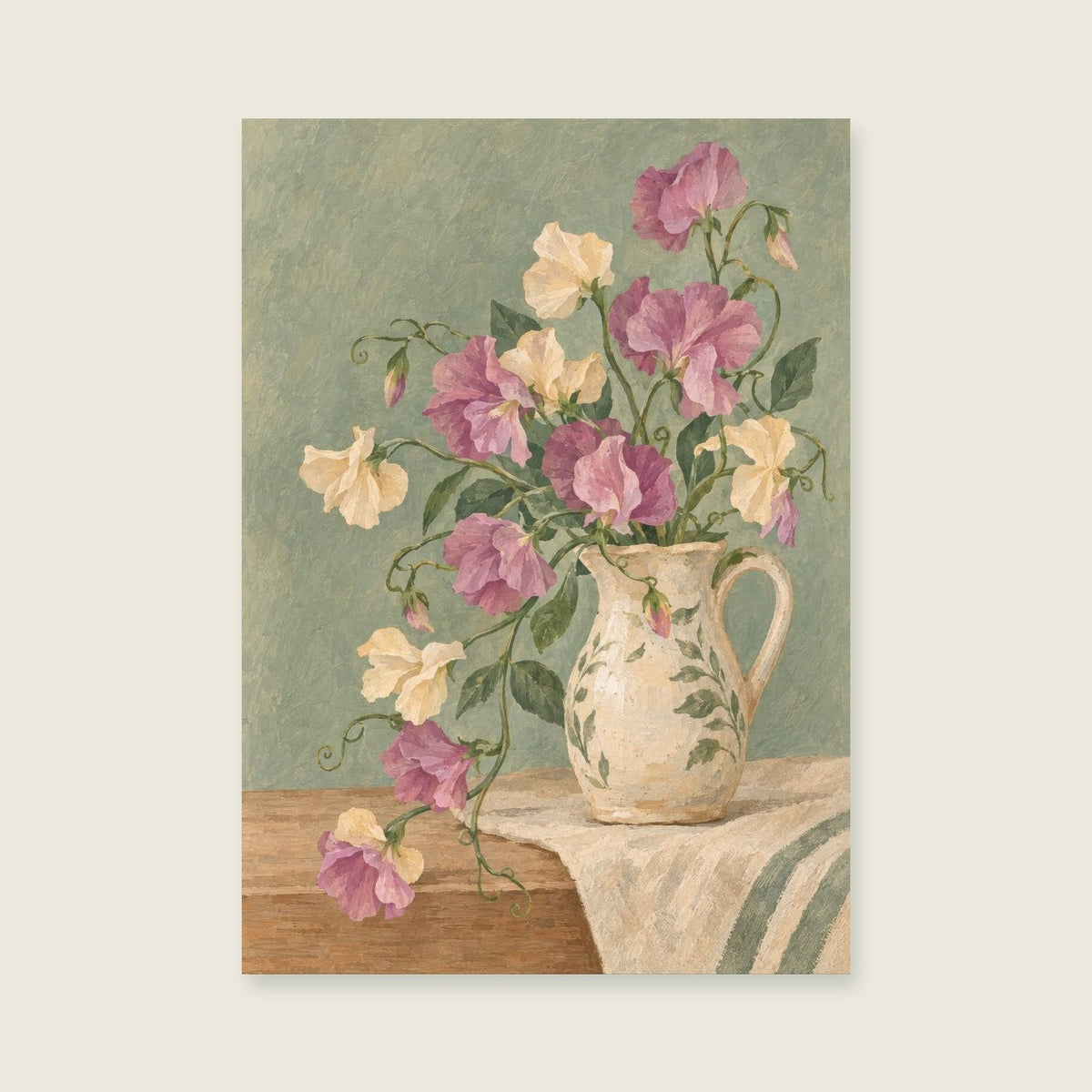 Sweet peas trailing from a small ceramic jug — Intimate botanical gouache bedroom art print