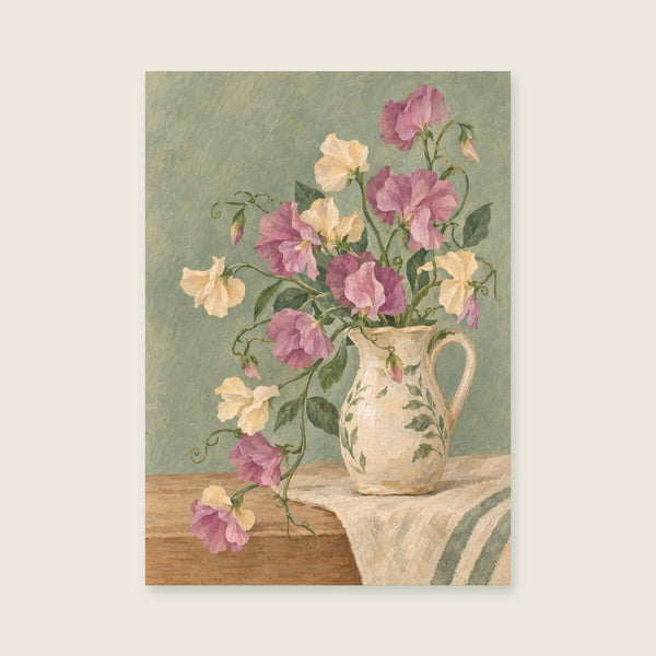 Sweet peas trailing from a small ceramic jug Art Print