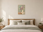Sweet peas trailing from a small ceramic jug — A2 artwork shown in a room with a natural wood frame; select a framed finish to include a frame