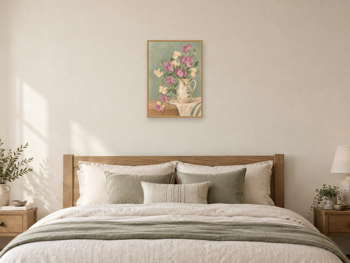 Sweet peas trailing from a small ceramic jug — A2 artwork shown in a room with a natural wood frame; select a framed finish to include a frame