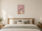 Cosmos petals against softly textured mauve — A2 artwork shown in a room with a natural wood frame; select a framed finish to include a frame