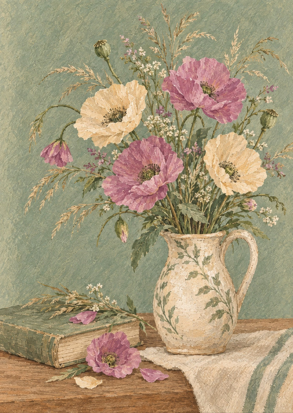 Delicate poppies and wild grasses — artwork detail