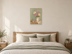 Delicate poppies and wild grasses — A2 artwork shown in a room with a natural wood frame; select a framed finish to include a frame