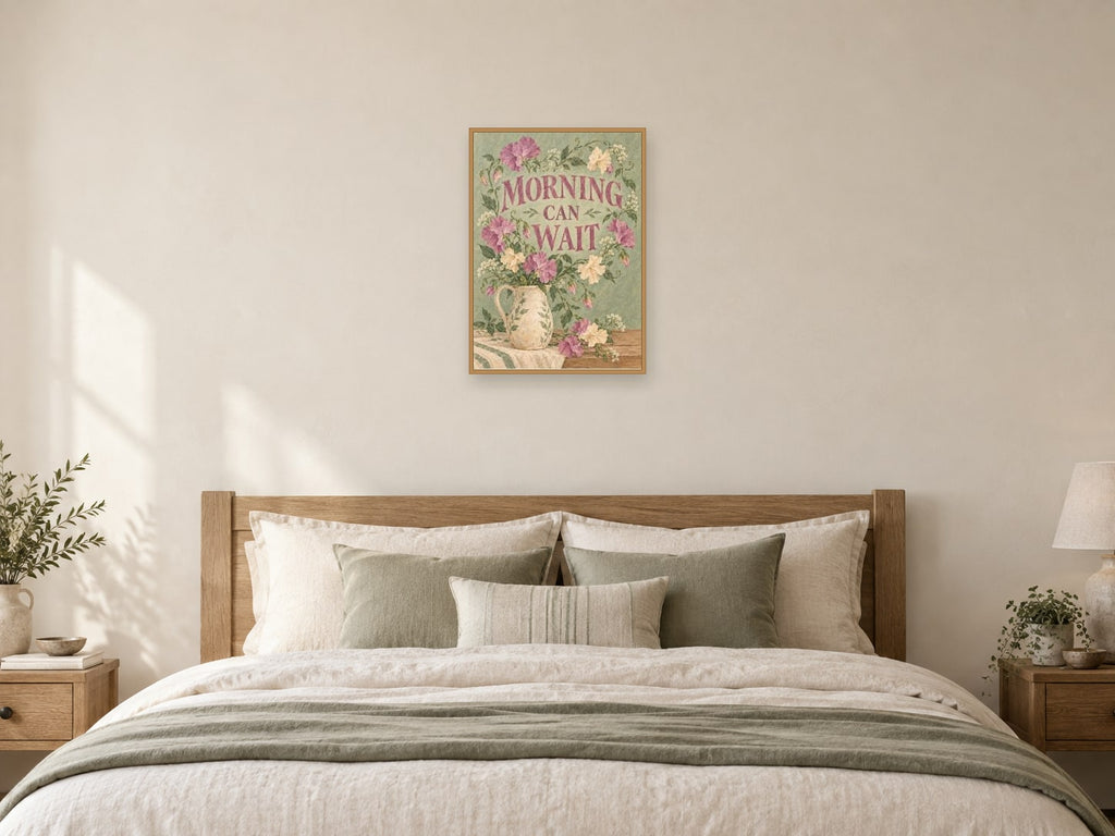 Morning Can Wait — A2 artwork shown in a room with a natural wood frame; select a framed finish to include a frame