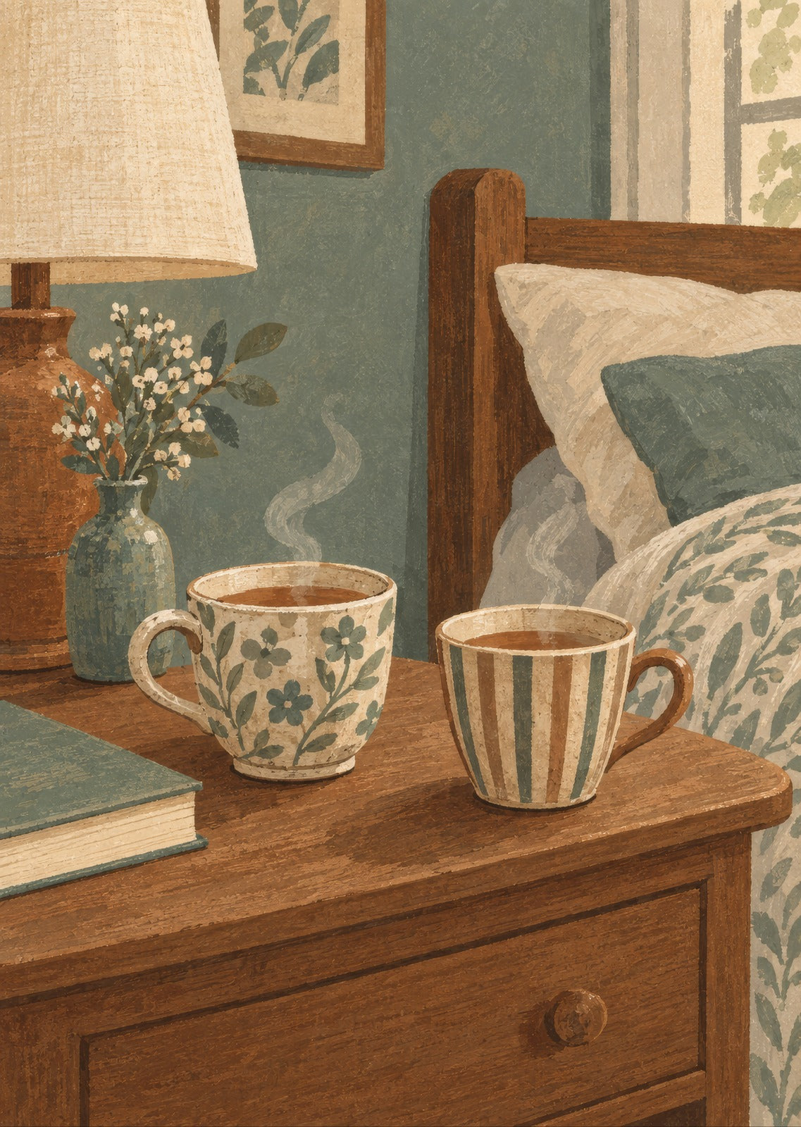 Two mismatched tea cups on a bedside table — artwork detail