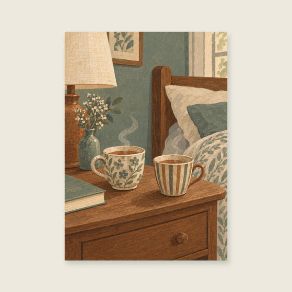 Two mismatched tea cups on a bedside table Art Print
