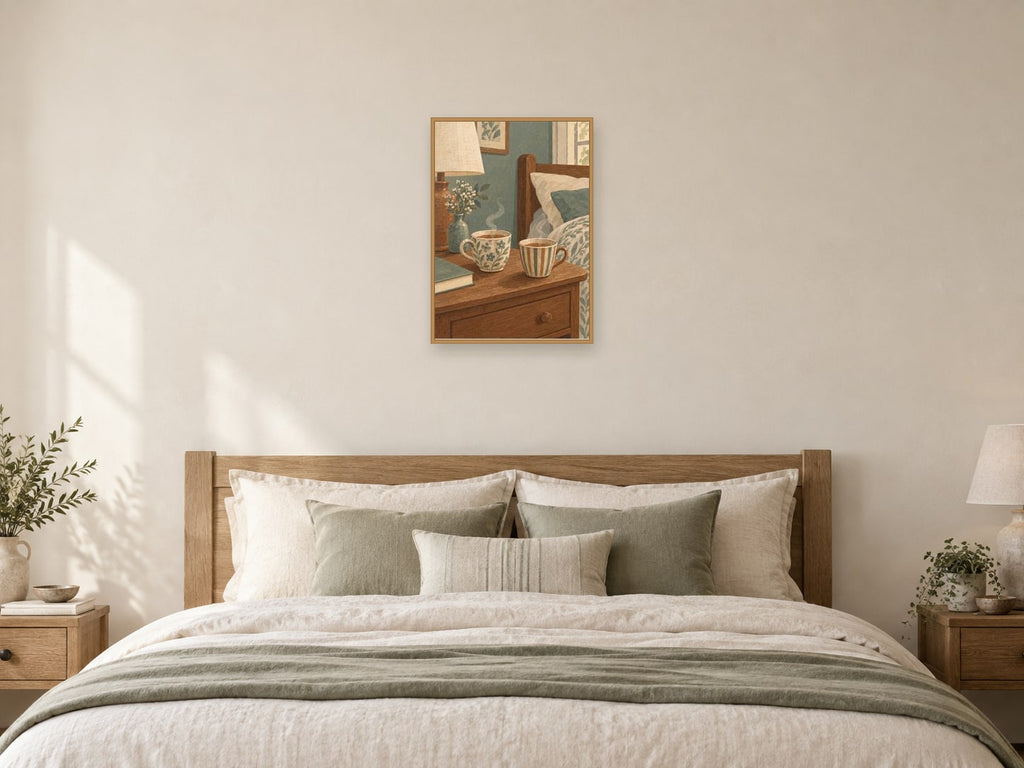 Two mismatched tea cups on a bedside table — A2 artwork shown in a room with a natural wood frame; select a framed finish to include a frame
