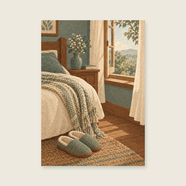 Slippers and a woven blanket Art Print