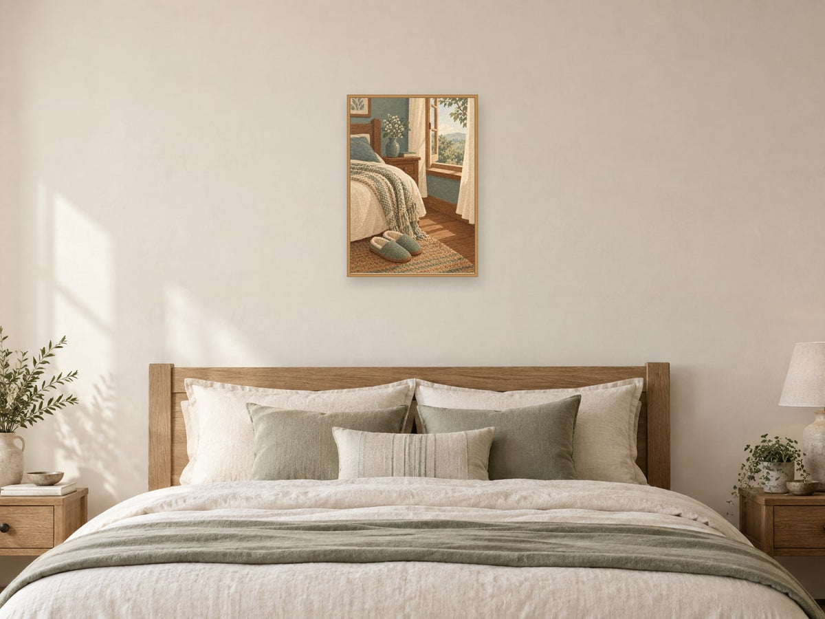 Slippers and a woven blanket — A2 artwork shown in a room with a natural wood frame; select a framed finish to include a frame