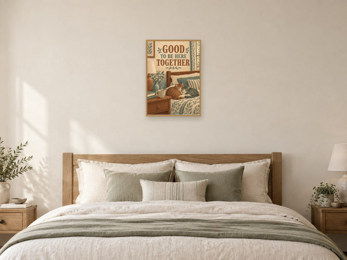 Good To Be Here Together — A2 artwork shown in a room with a natural wood frame; select a framed finish to include a frame