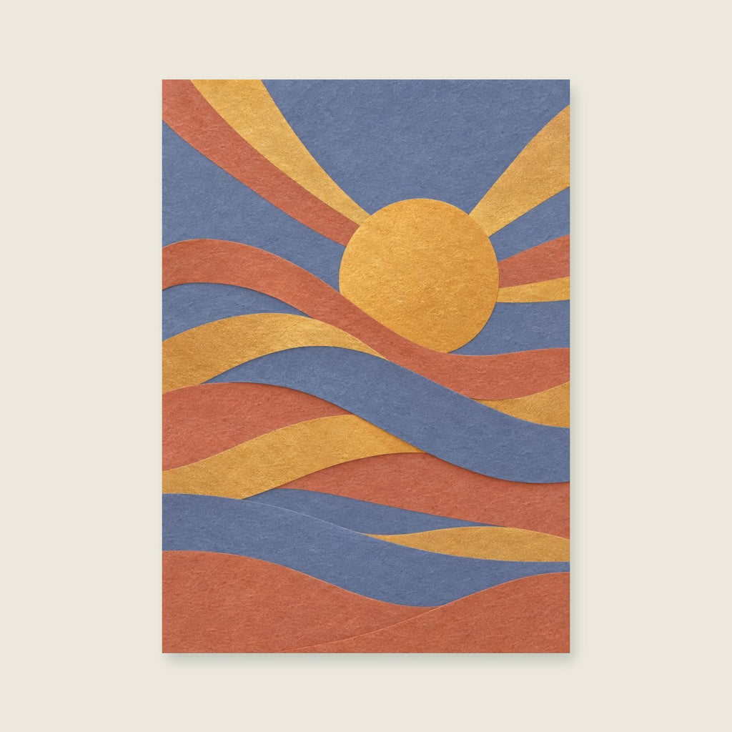 Woven blush and gold bands around an offset sun — Textured paper abstraction bedroom art print