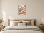 Lavender ribbons crossing a broad cream plane — A2 artwork shown in a room with a natural wood frame; select a framed finish to include a frame