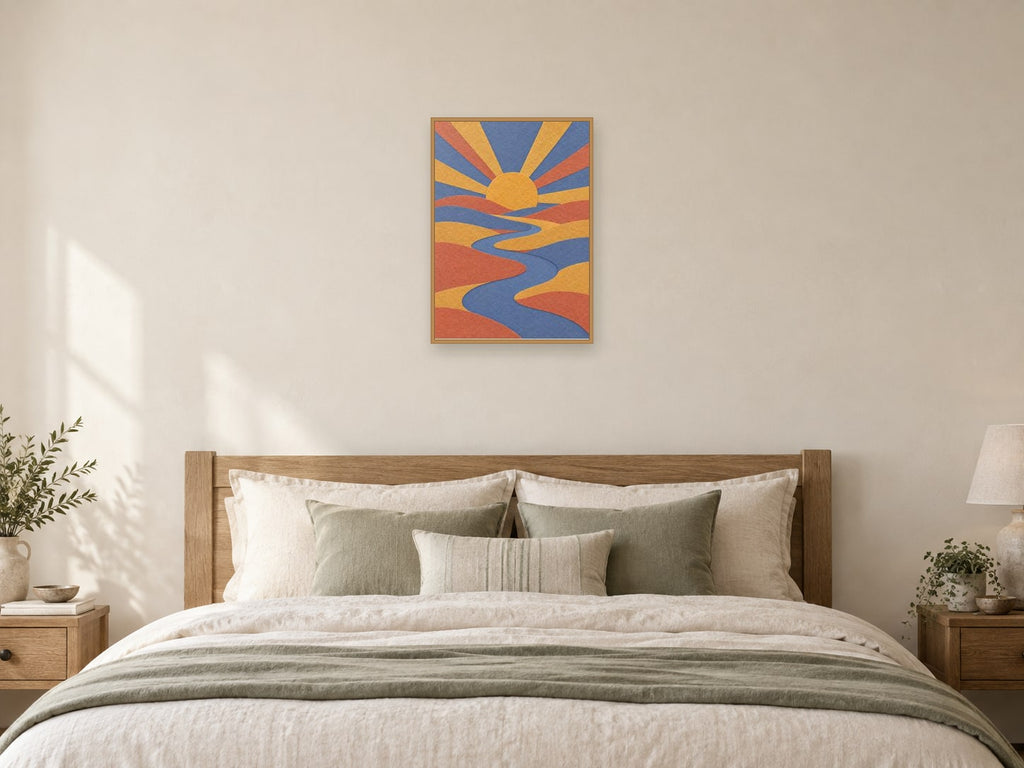 Soft orange arc — A2 artwork shown in a room with a natural wood frame; select a framed finish to include a frame