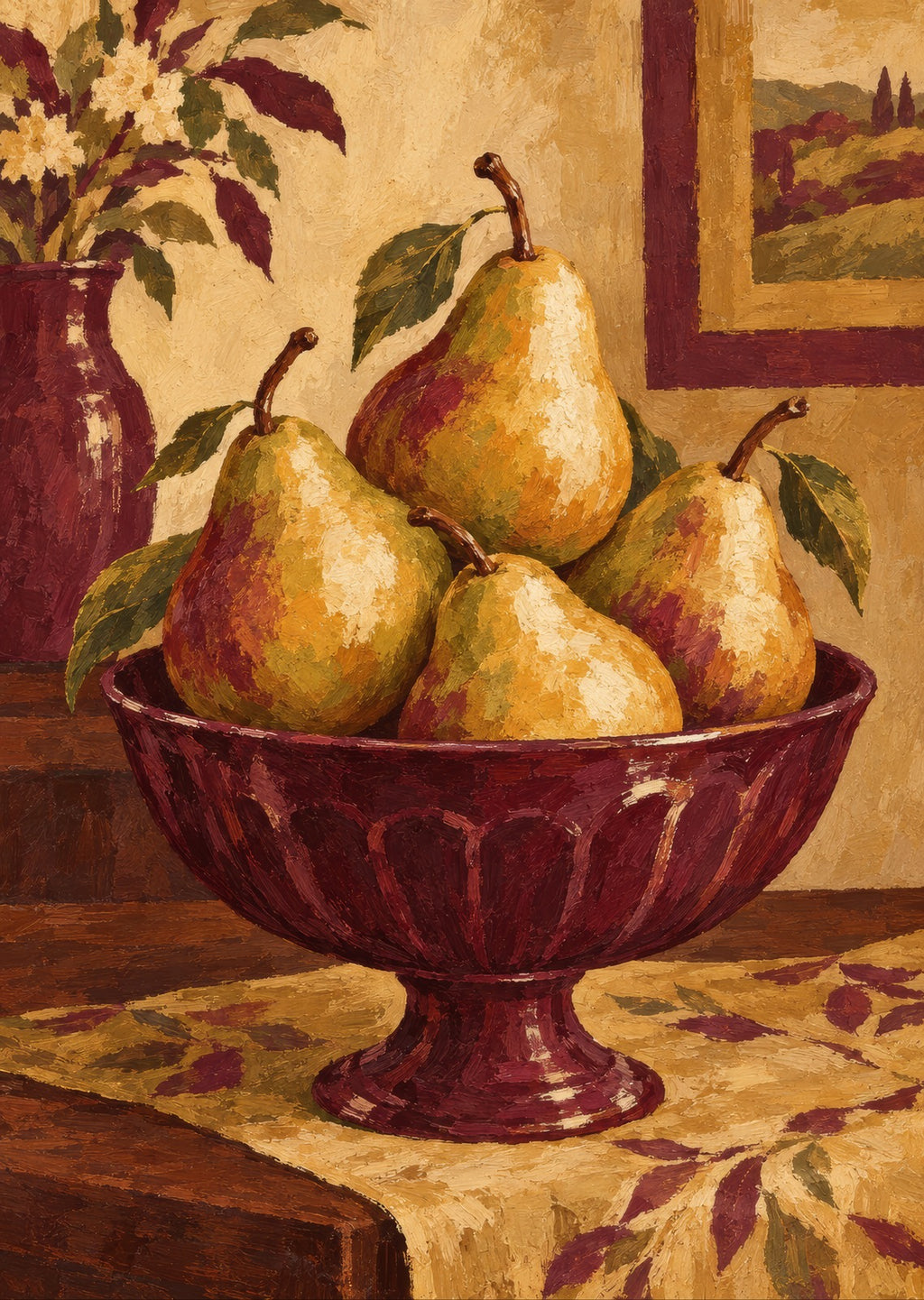 Pears in a burgundy footed bowl — artwork detail