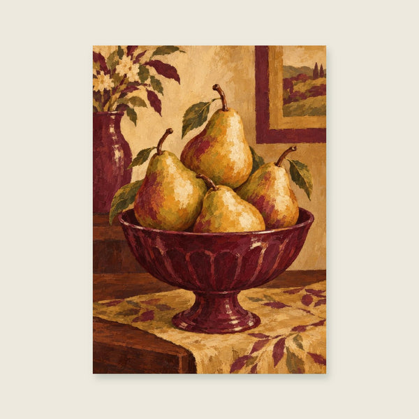 Pears in a burgundy footed bowl Art Print