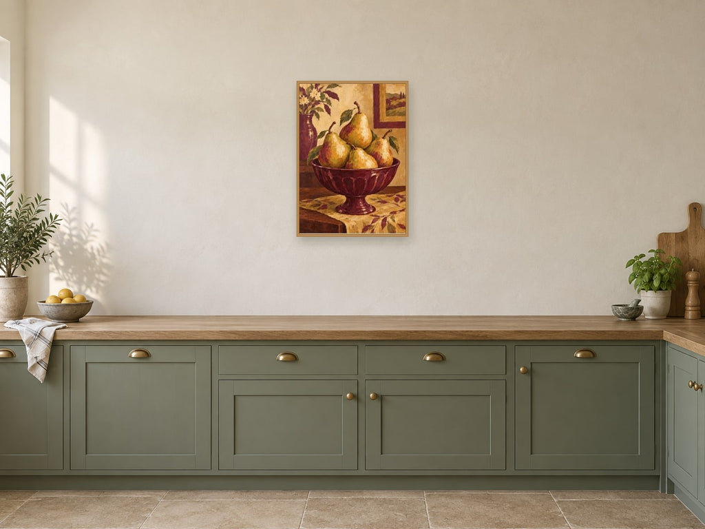 Pears in a burgundy footed bowl — A2 artwork shown in a room with a natural wood frame; select a framed finish to include a frame