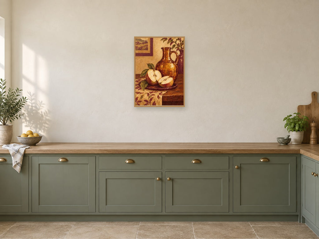 Apple halves — A2 artwork shown in a room with a natural wood frame; select a framed finish to include a frame