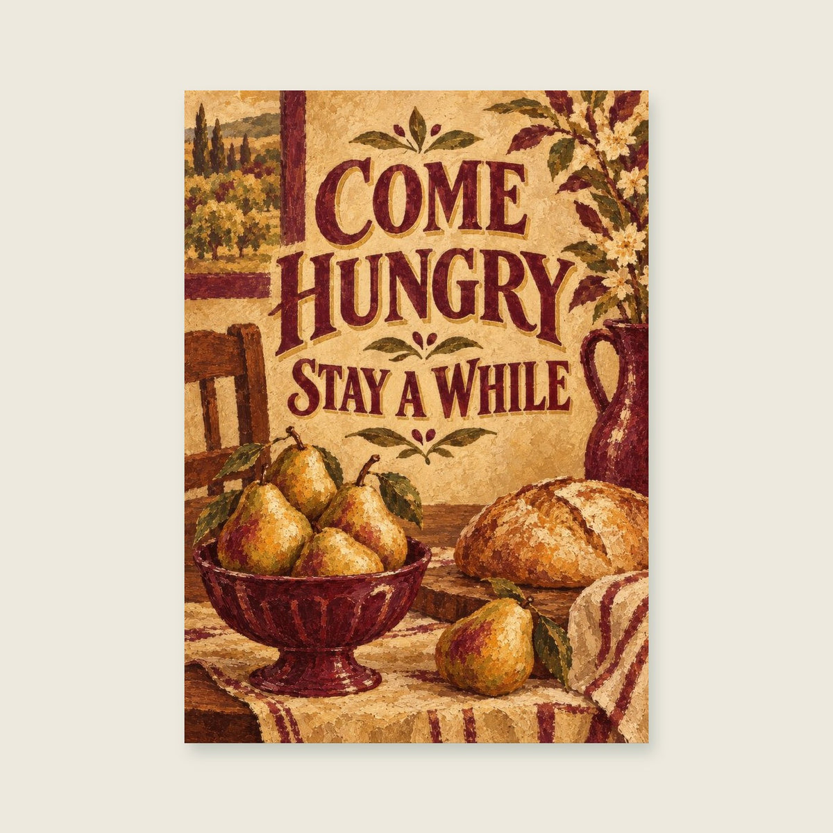 Come Hungry Stay A While — Expressive fruit still life dining room art print