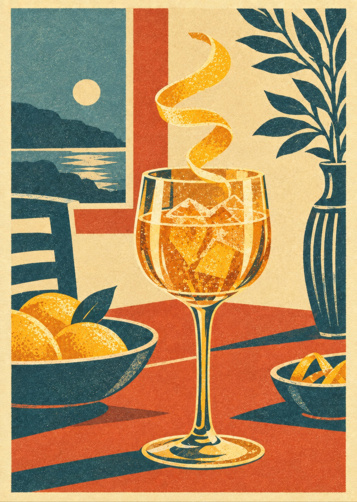 Lemon peel curling above a gold goblet — artwork detail