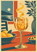 Lemon peel curling above a gold goblet — artwork detail