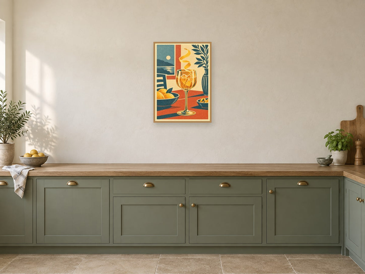 Lemon peel curling above a gold goblet — A2 artwork shown in a room with a natural wood frame; select a framed finish to include a frame