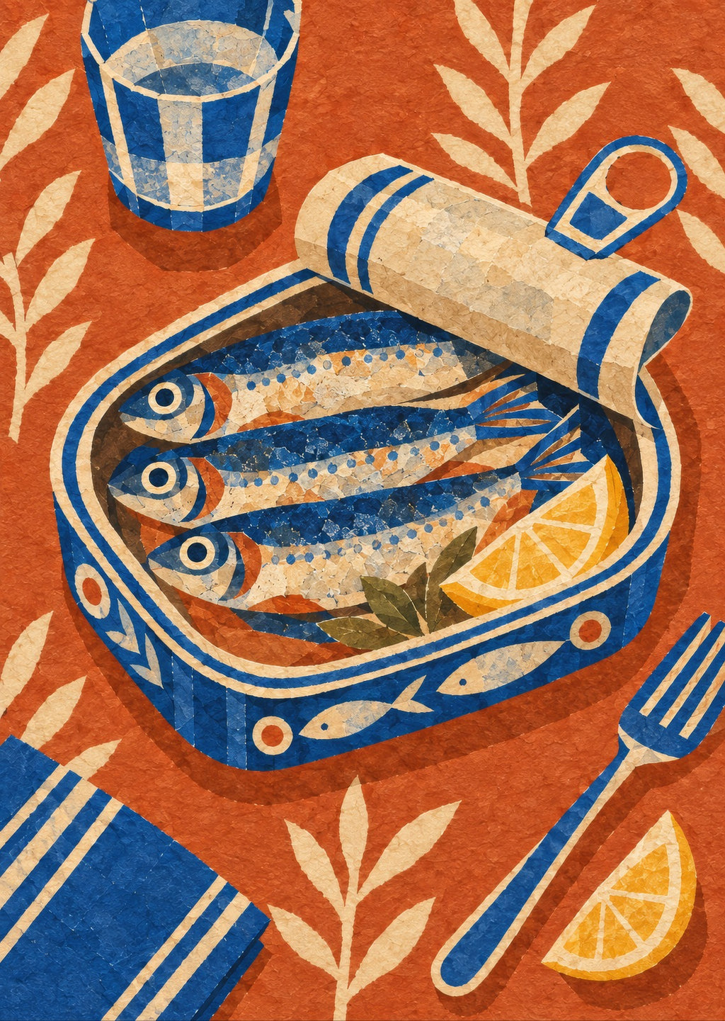 Open unbranded fish tin — artwork detail