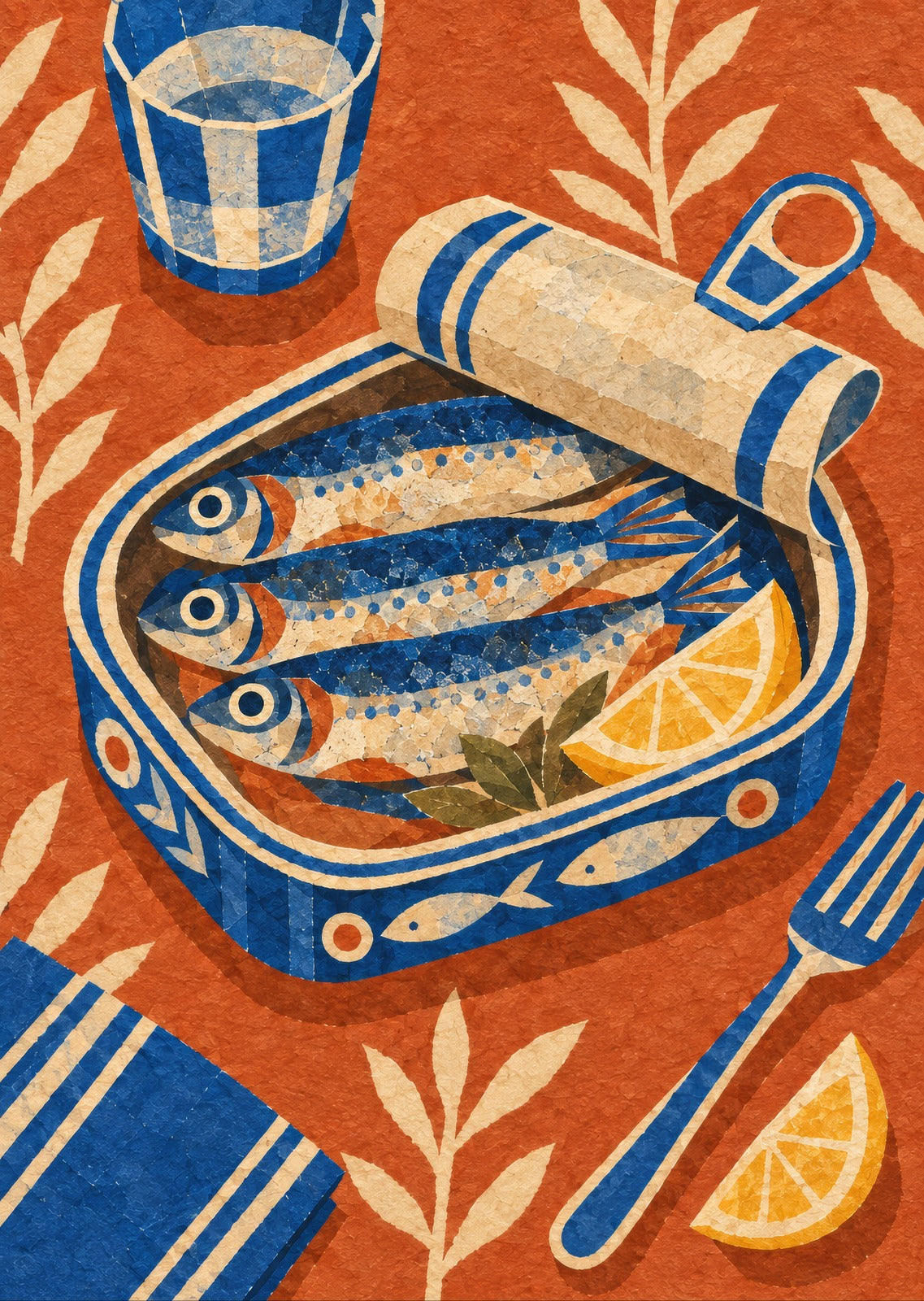 Open unbranded fish tin — artwork detail