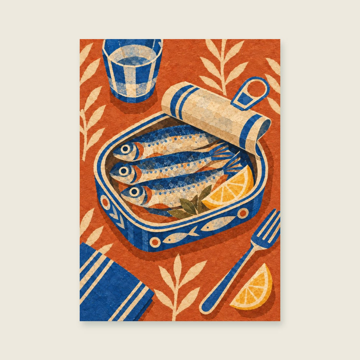 Open unbranded fish tin — Playful painted paper collage dining room art print