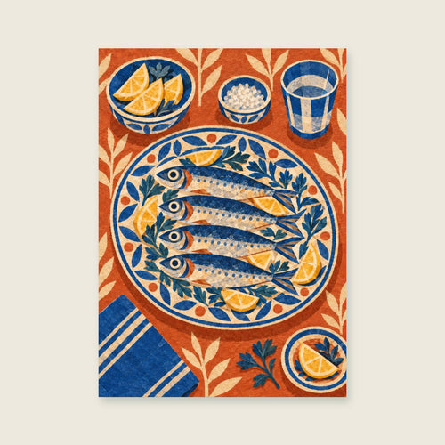 Carved serving platter — Playful painted paper collage dining room art print