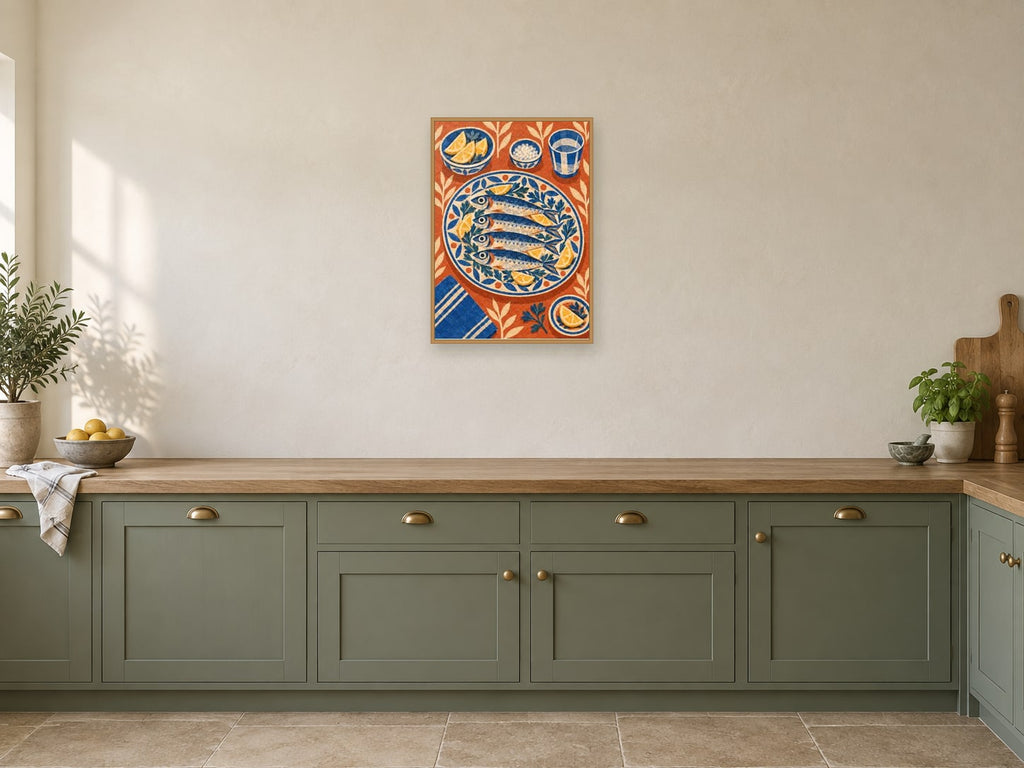Carved serving platter — A2 artwork shown in a room with a natural wood frame; select a framed finish to include a frame